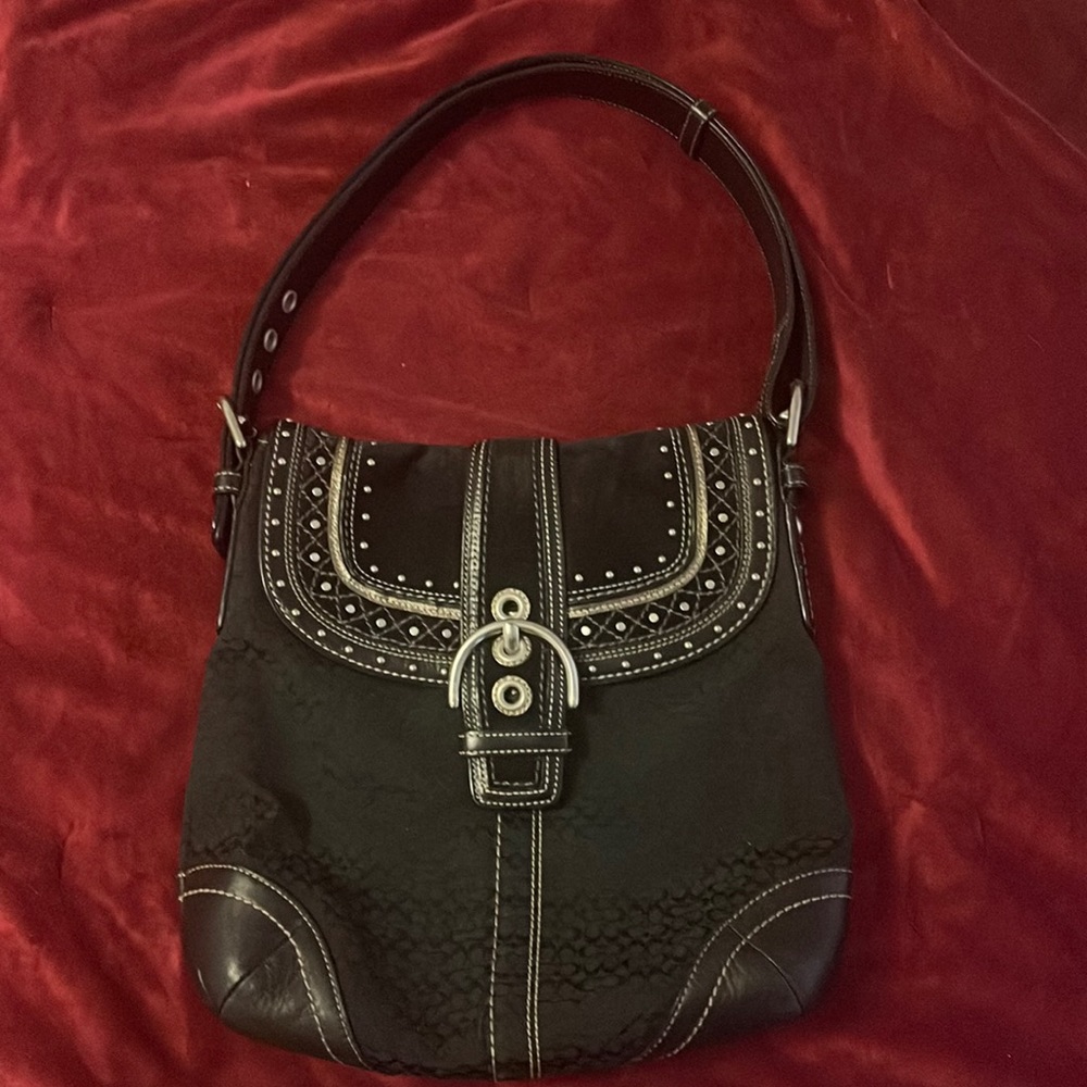 Coach F11405 Soho Black Signature Canvas, Suede, Leather Shoulder Purse